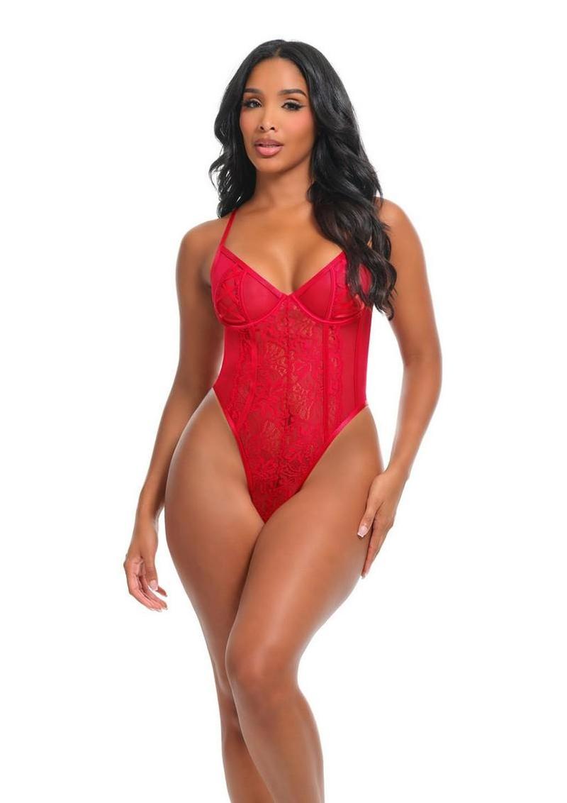 Oh La La Cheri Brielle Mesh and Lace Underwire Teddy - Red
