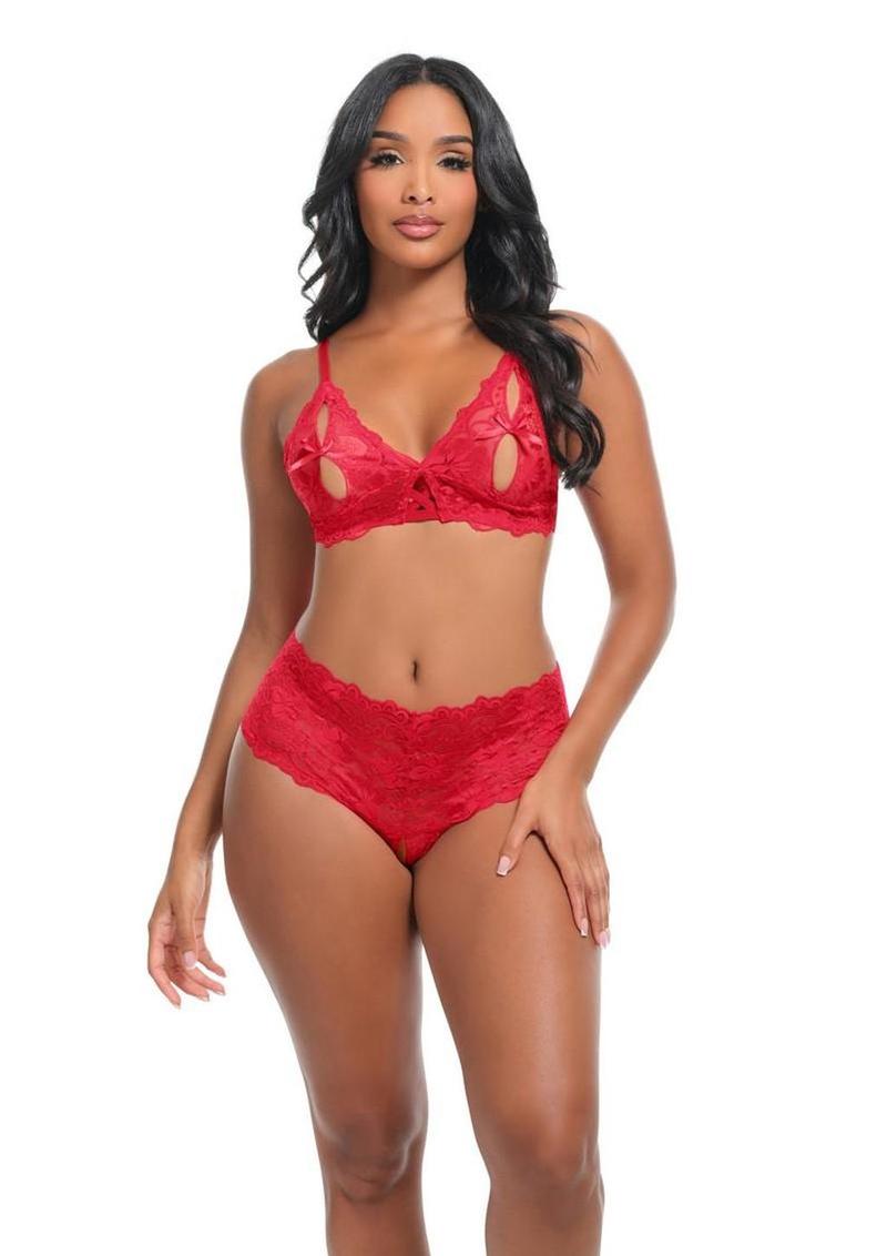Oh La La Cheri Goodnight Kiss Lace Bralette and Cheeky Panty Set - Red