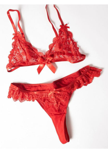 Oh La La Cheri Valentine Lace Bralette and Ruffle Thong Set - Red, 1X/2X
