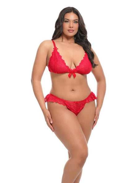 Oh La La Cheri Valentine Lace Bralette and Ruffle Thong Set - Red, 1X/2X