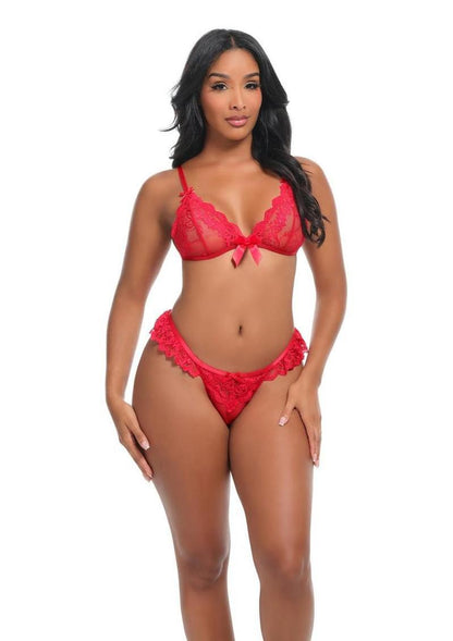 Oh La La Cheri Valentine Lace Bralette and Ruffle Thong Set - Red