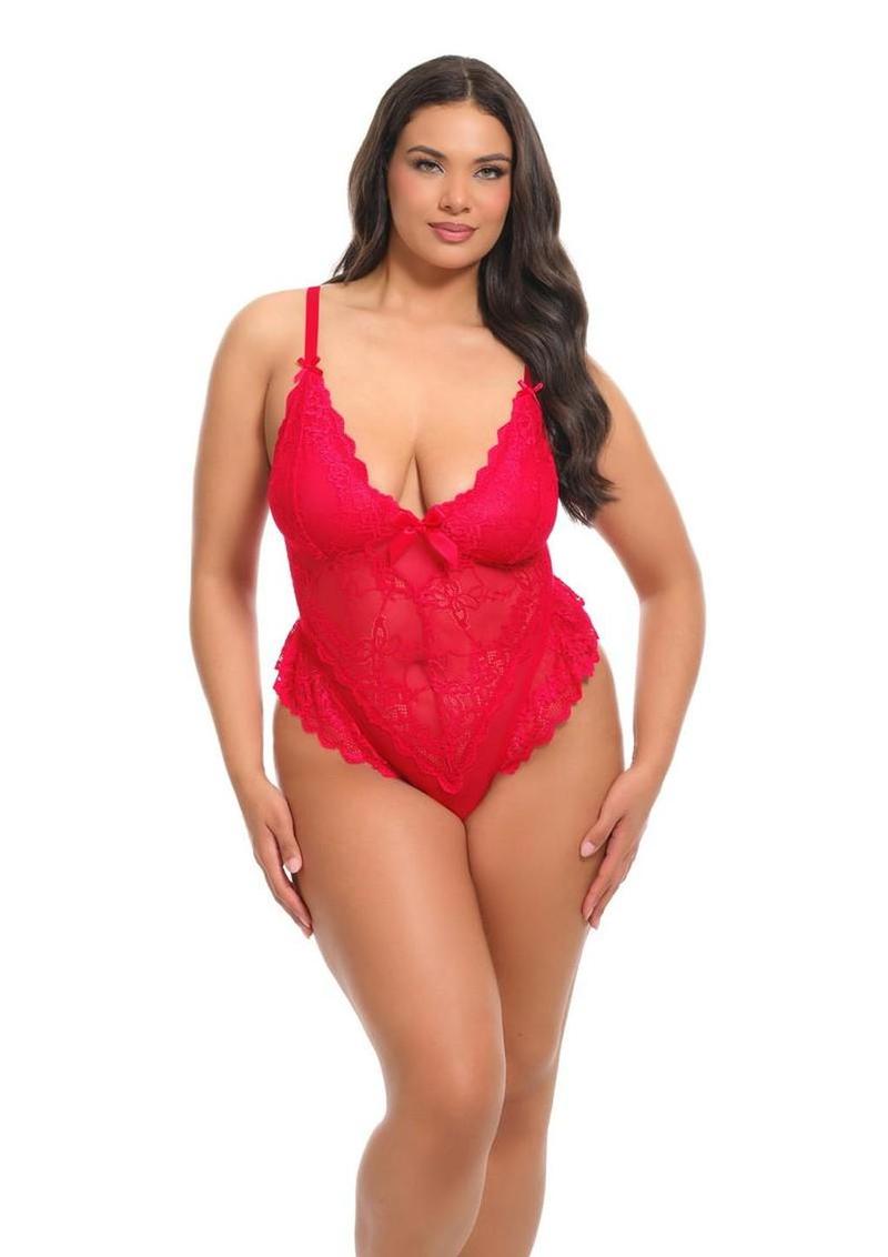 Oh La La Cheri Valentine Lace Teddy - Red, 1X/2X