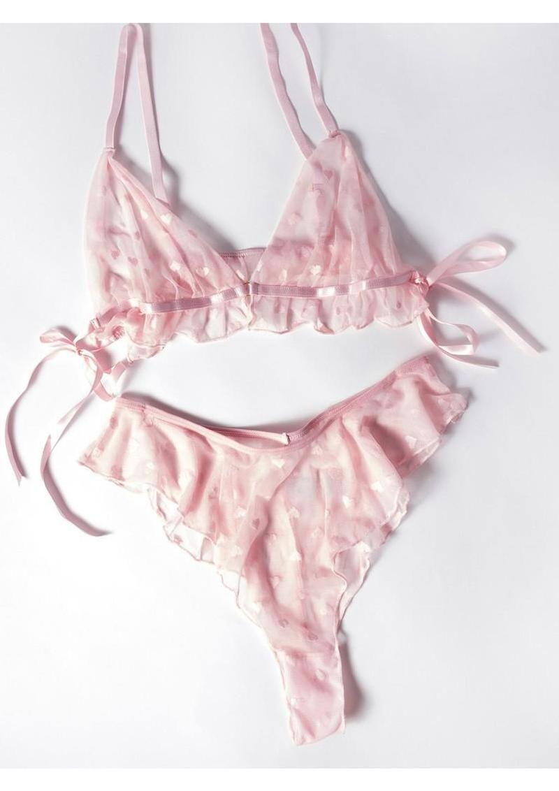 Oh La La Cheri Julienne Heart Mesh Ruffle Bralette and Panty Set - Pink