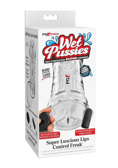 Pdx Extreme Wet Pussies Super Luscious Lips Control Freak Self Lubricating Vibrating Stroker with Remote - Pussy - Clear/Frost