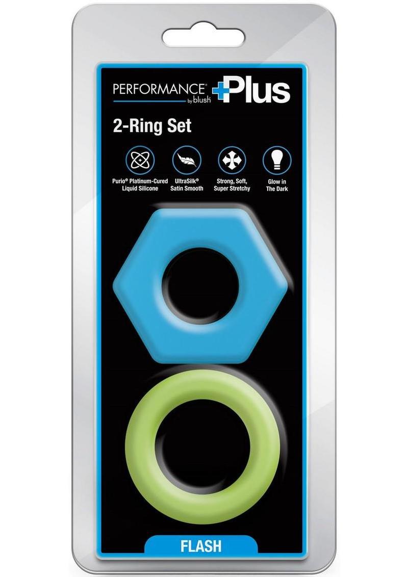 Performance Plus Flash Silicone Glow In The Dark Cock Ring - Glow In The Dark/Multicolor - 2 Piece/Set