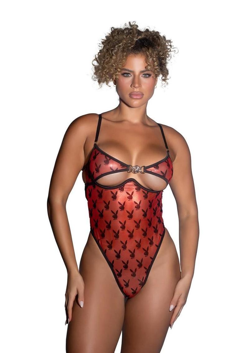 Playboy Shimmer Bunny Teddy - Black/Red - Medium