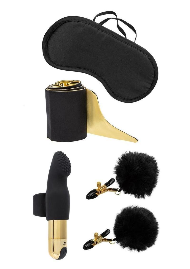 Pleasure Kits Untamed Collection Rechargeable Bullet, Nipple Clamps, Satin Tie and Eye Mask Set