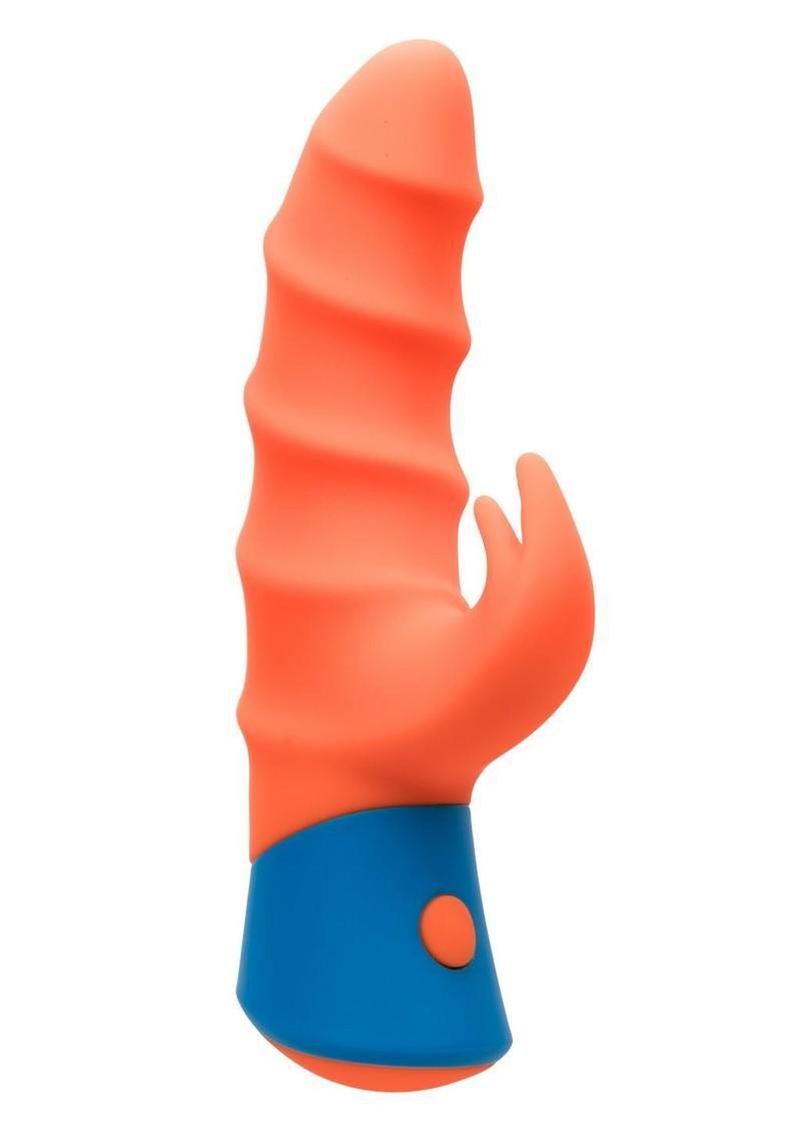 Rave Tickler Rechargeable Silicone Vibrator with Clitoral Stimulator - Blue/Orange