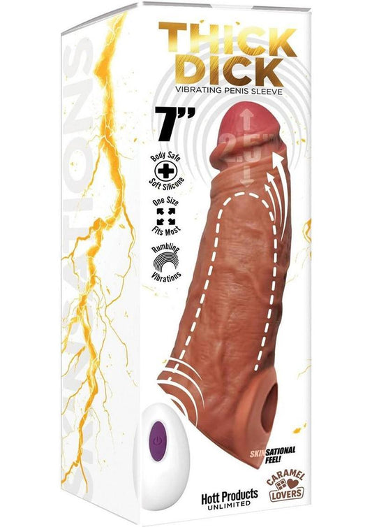 Thick Dick Vibrating Penis Silicone Sleeve - Caramel - 7in