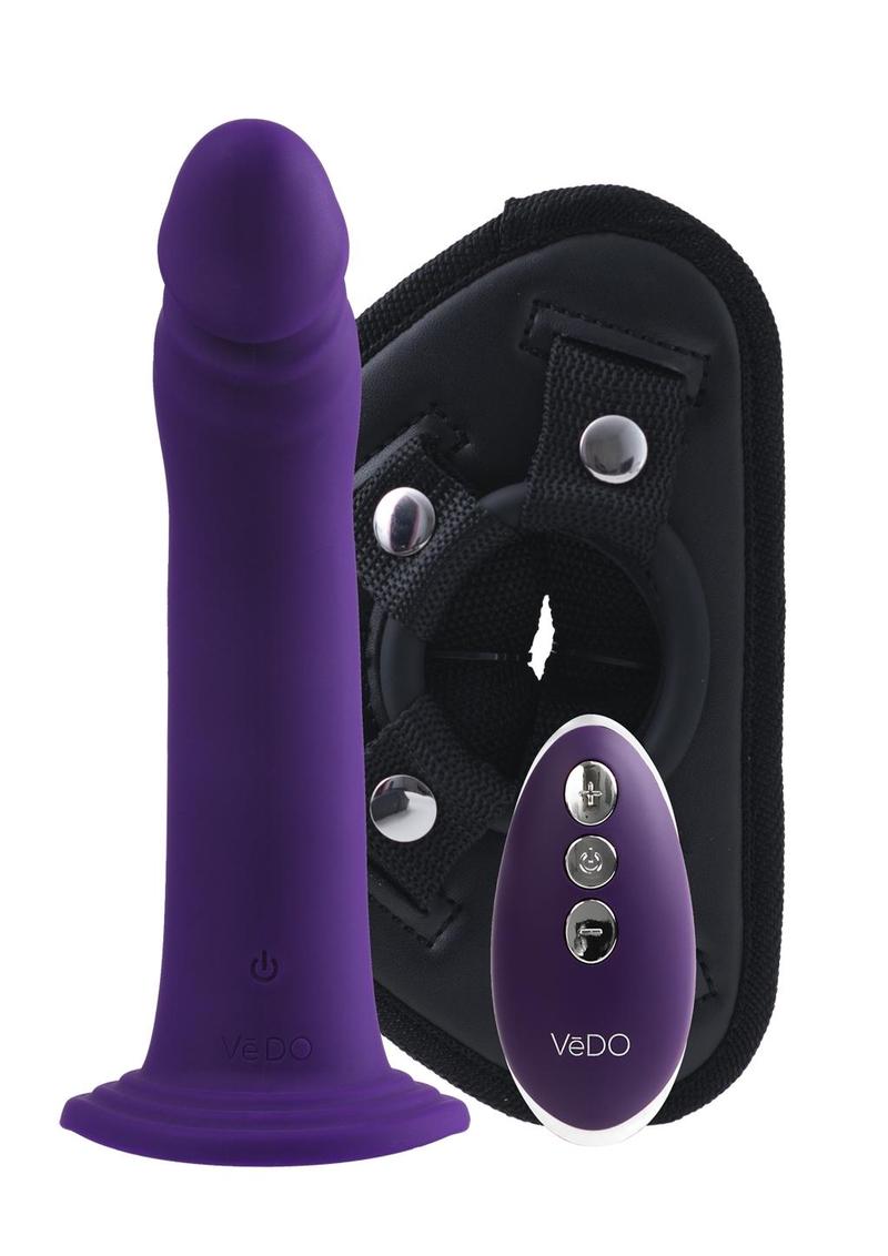 Vedo Diki Rechargeable Silicone Vibrating Dildo with Harness and Remote Control - Deep Purple/Purple