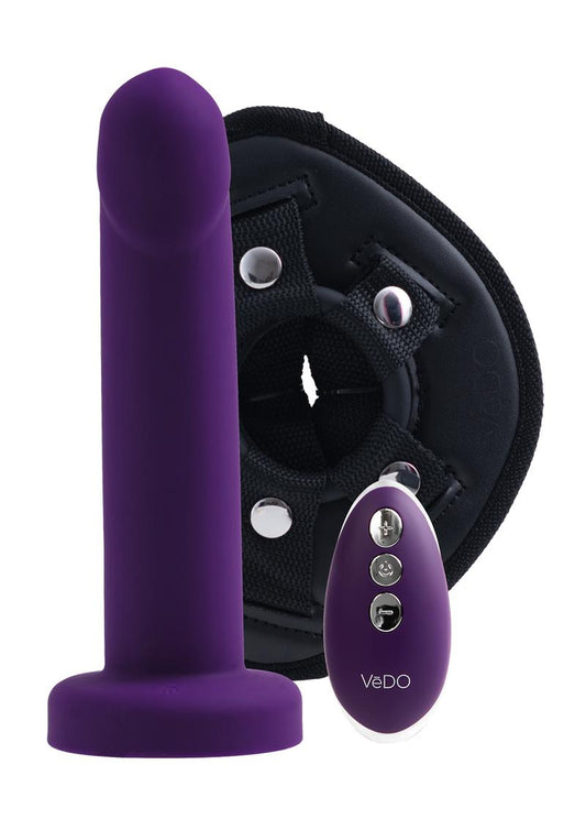Vedo Strapped Silicone Rechargeable Vibrating Strap-On with Remote Control - Deep Purple/Purple
