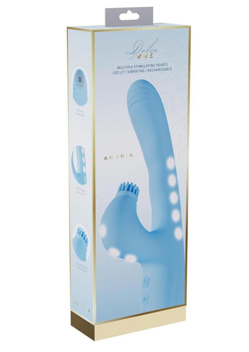 Vive Andria Led Rechargeable Silicone Dual Motor G-Spot Vibrating and Tap Clit Stimulator - Blue