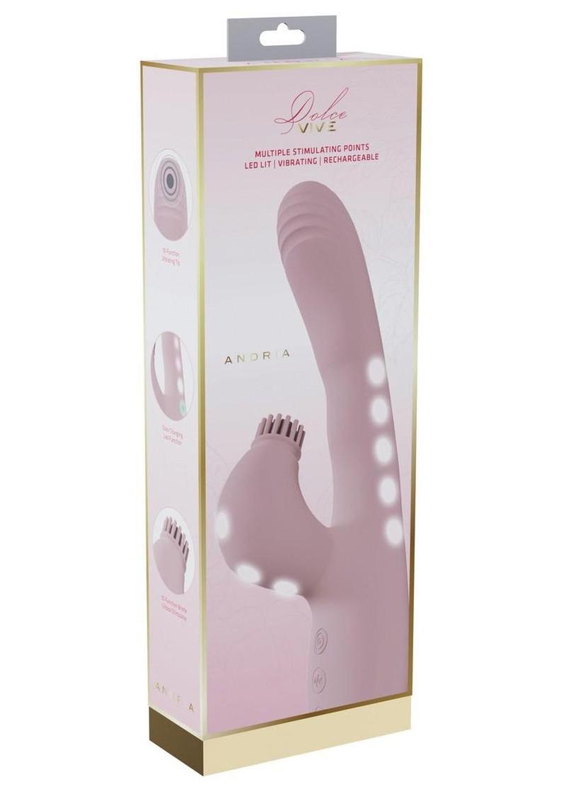 Vive Andria Led Rechargeable Silicone Dual Motor G-Spot Vibrating and Tap Clit Stimulator - Pink