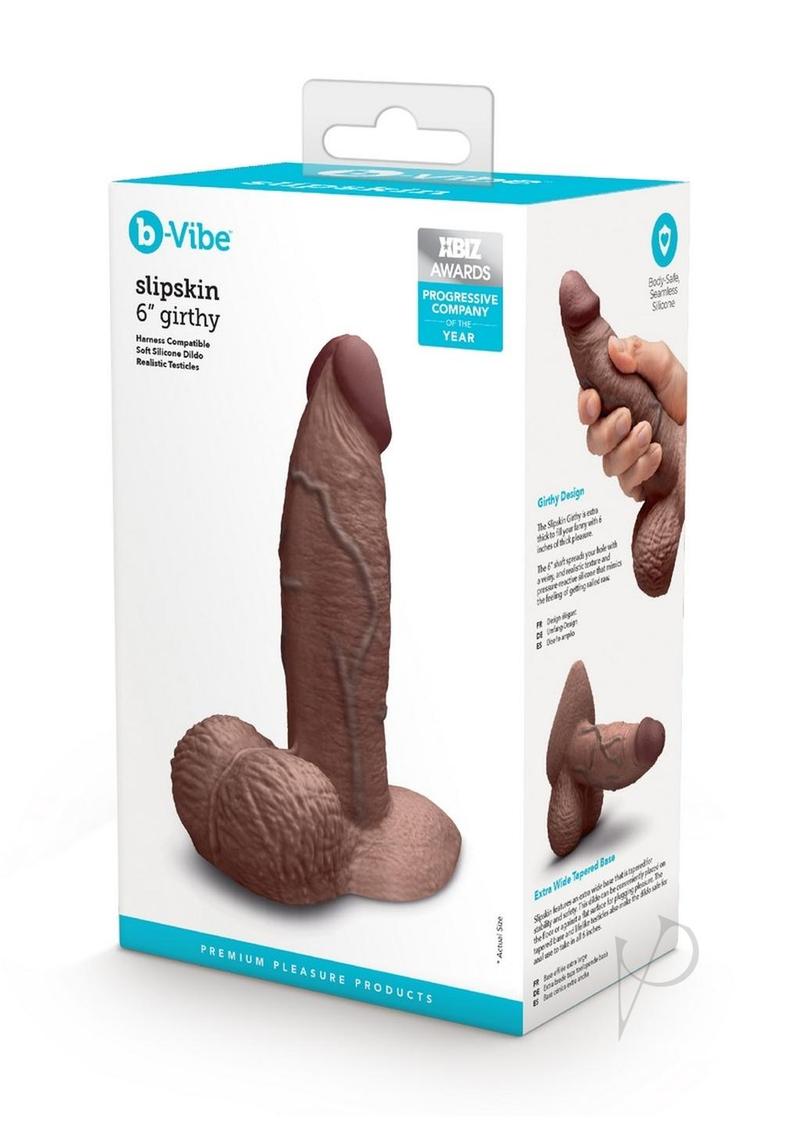 B-Vibe Slipskin Realistic Silicone Girthy Dildo - Chocolate - 6in