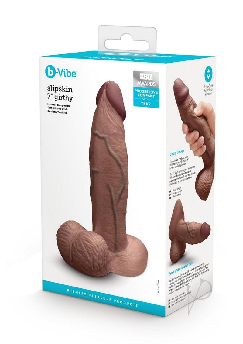 B-Vibe Slipskin Realistic Silicone Girthy Dildo - Chocolate - 7in