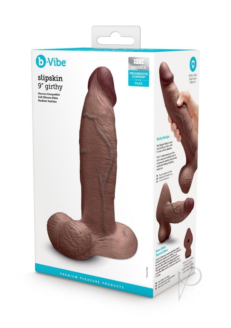 B-Vibe Slipskin Realistic Silicone Girthy Dildo - Chocolate - 9in