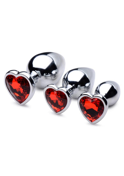 Booty Sparks Gemstones Red Jasper Hearts Anal Plug - Metal/Red - 3 Pieces/Set