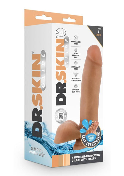 Dr. Skin Glide Self Lubricating Dildo with Balls - Caramel - 7in