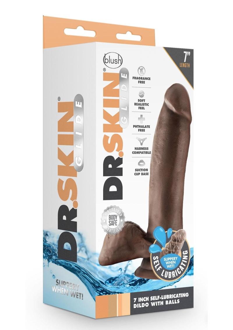 Dr. Skin Glide Self Lubricating Dildo with Balls - Chocolate - 7in