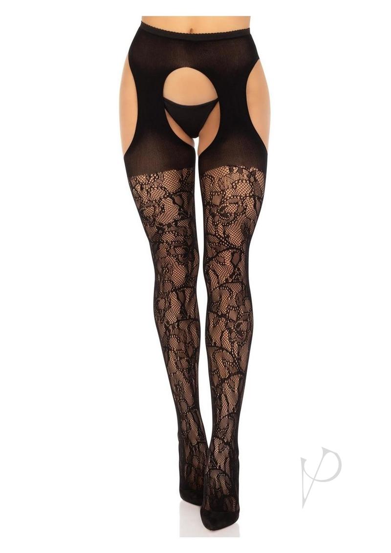 Leg Avenue Eyelet Rose Suspender Hose - Black - One Size