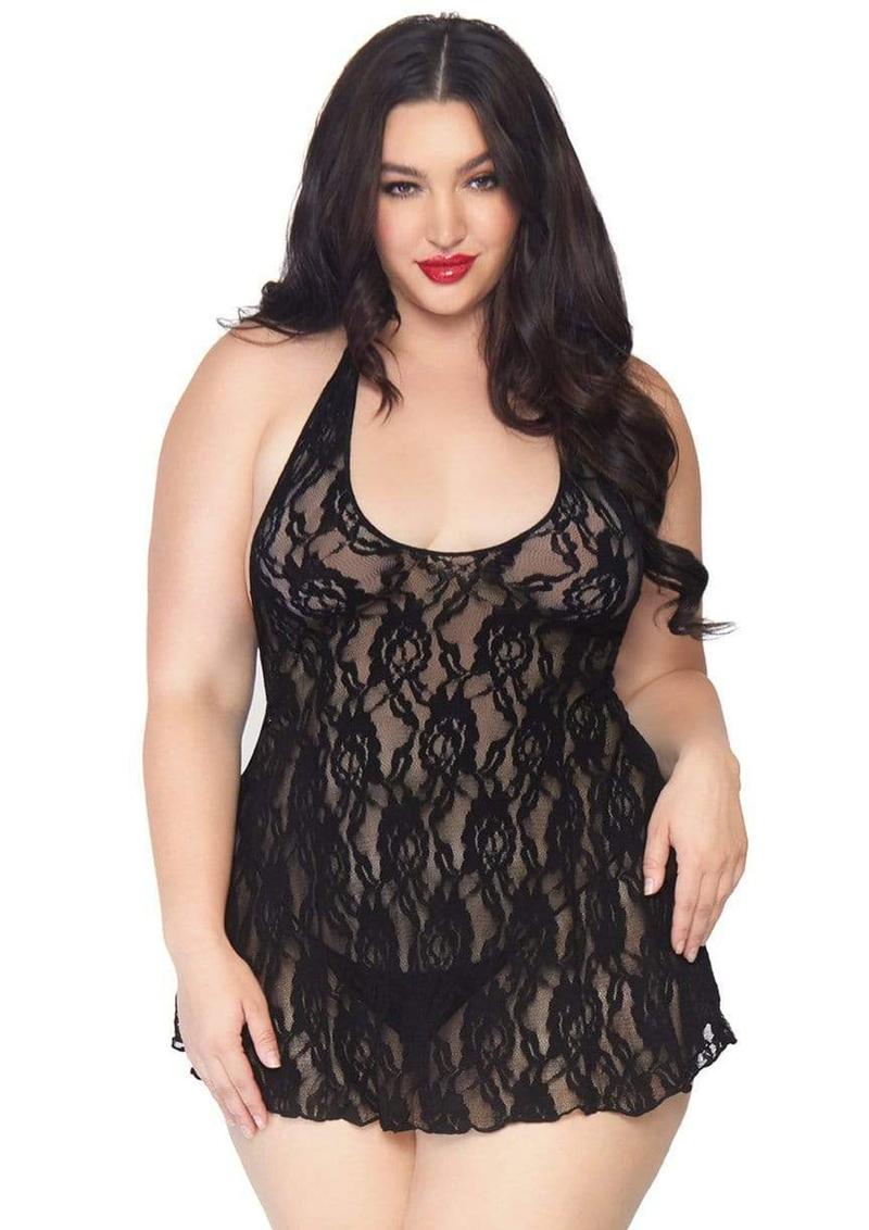 Leg Avenue Halter Rose Lace Dress - Black - Plus Size/Queen