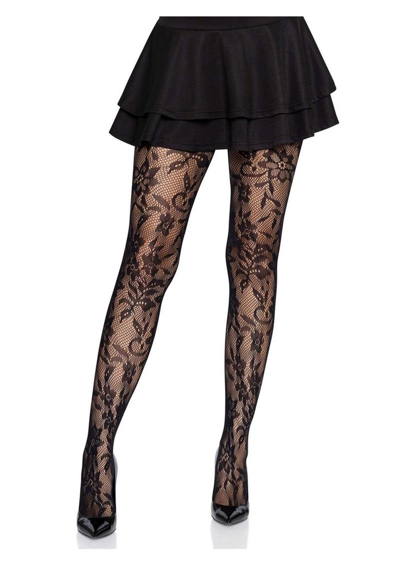 Leg Avenue Seamless Chantilly Floral Lace Tights - Black - One Size