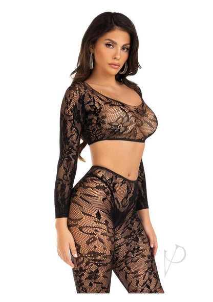 Leg Avenue Seamless Chantilly Lace Crop Top and Footless Tights - Black - One Size - 2 Piece