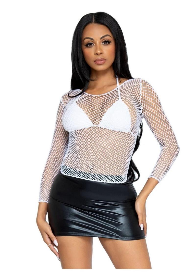 Leg Avenue Spandex Long Sleeved Industrial Net Shirt - White - One Size