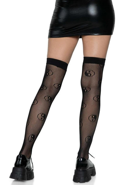 Leg Avenue Ying Yang Fishnet Thigh Highs - Black - One Size