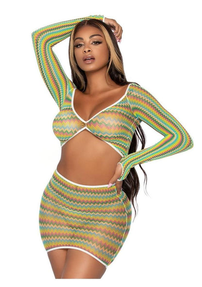 Leg Avenue Zig Zag Net Gauntlet Sleeve Crop Top and Mini Skirt - Green - One Size - 2 Piece