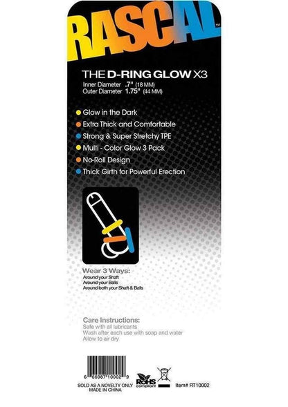 Rascal The D-Ring Glow X3 Glow-in-the-Dark Cock Rings - 3 Pack, Assorted Colors
