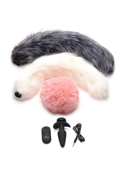 Tailz Vibrating Rechargeable Silicone Anal Plug and 3 Tails with Remote Control - Assorted Colors/Multicolor - Set